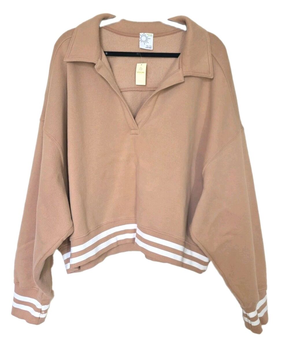 OFFLINE by Aerie Cloud NWT Fleece Polo Sweatshirt XXL Beach Dune Oversized Crop - Picture 2 of 10